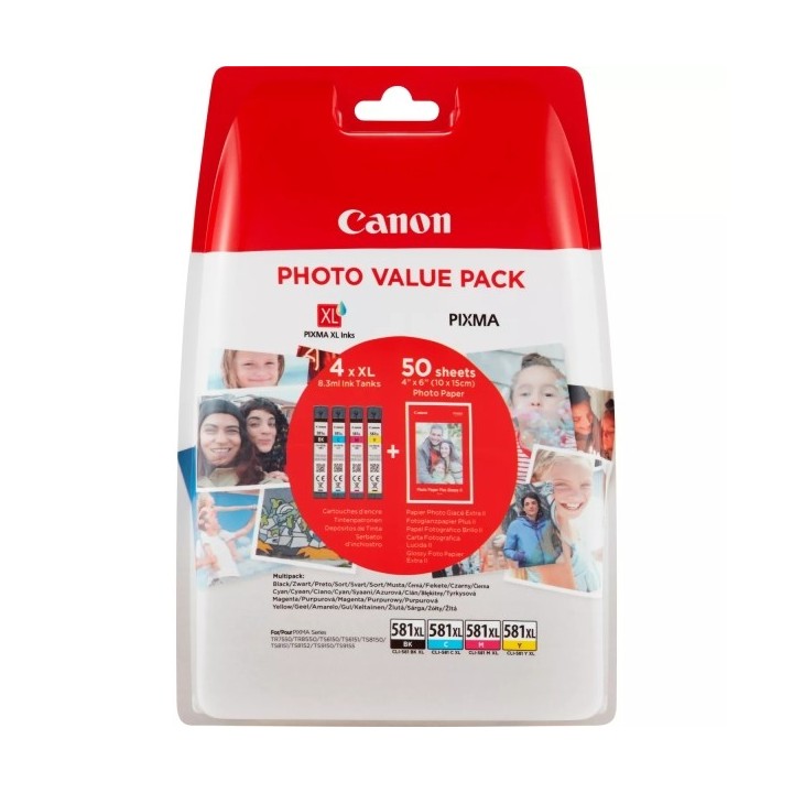 Canon CLI581XL Pack de 4 Cartuchos de Tinta Originais - 50 Folhas de P