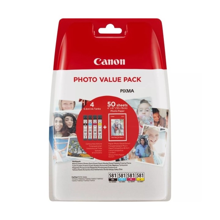 Canon CLI581 Pack de 4 Cartuchos de Tinta Originais - 50 Folhas de Pap