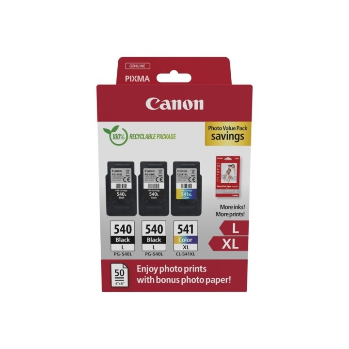 Canon PG540L Preto + CL541XL Cor Pack de 3 Tinteiros Originais + 50 Fo