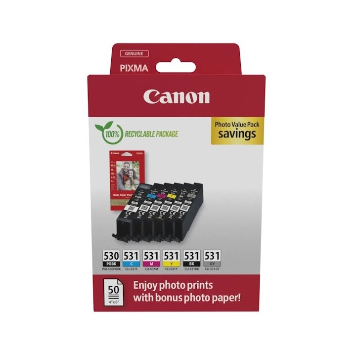 Canon PGI530/CLI531 Pack de 6 Cartuchos de Tinta Originais + 50 Folhas