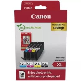 Canon CLI551XL Pack de 4 Cartuchos de Tinta Originais + 50 Folhas de P