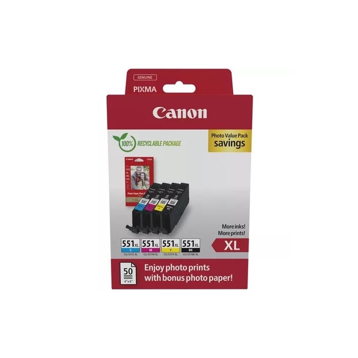 Canon CLI551XL Pack de 4 Cartuchos de Tinta Originais + 50 Folhas de P