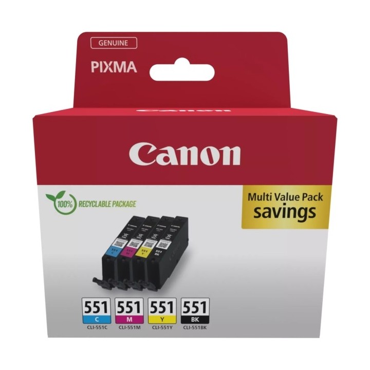 Canon CLI551 Multipack de 4 Cartuchos de Tinta Originais Preto, Ciano,