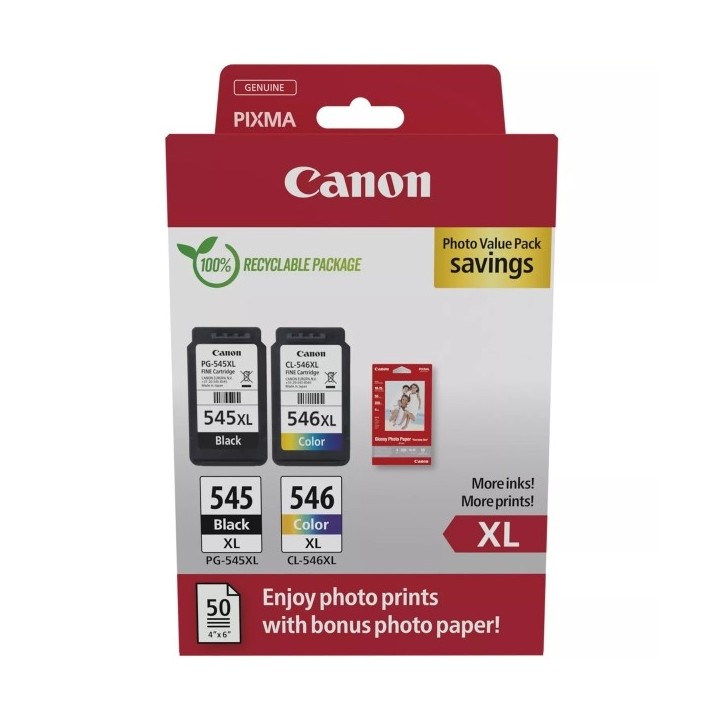 Canon PG545XL Preto + CL546XL Cor Pack de 2 Tinteiros Originais + 50 F