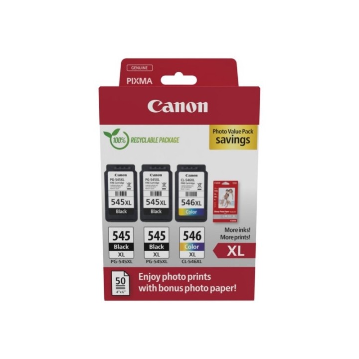 Canon PG545XL Preto + CL546XL Cor Pack de 3 Tinteiros Originais + 50 F