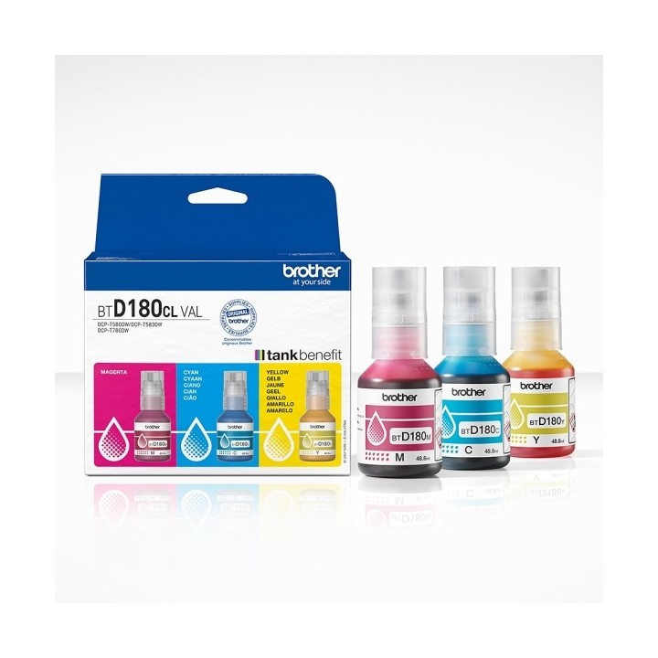 Brother BTD180CLVAL Pack de 3 Frascos de Tinta Original Ciano, Magenta