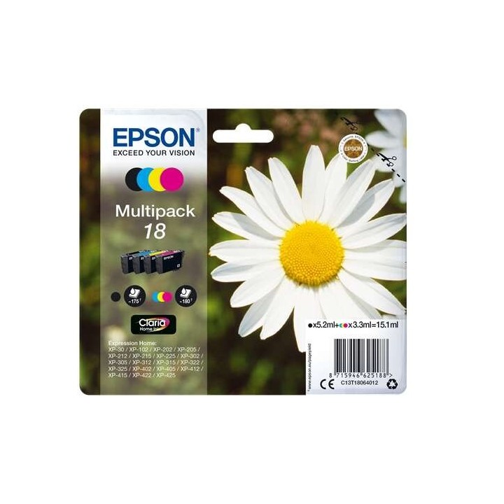 Epson T1806 (18) Pack de 4 Cartuchos de Tinta Originais - C13T18064012